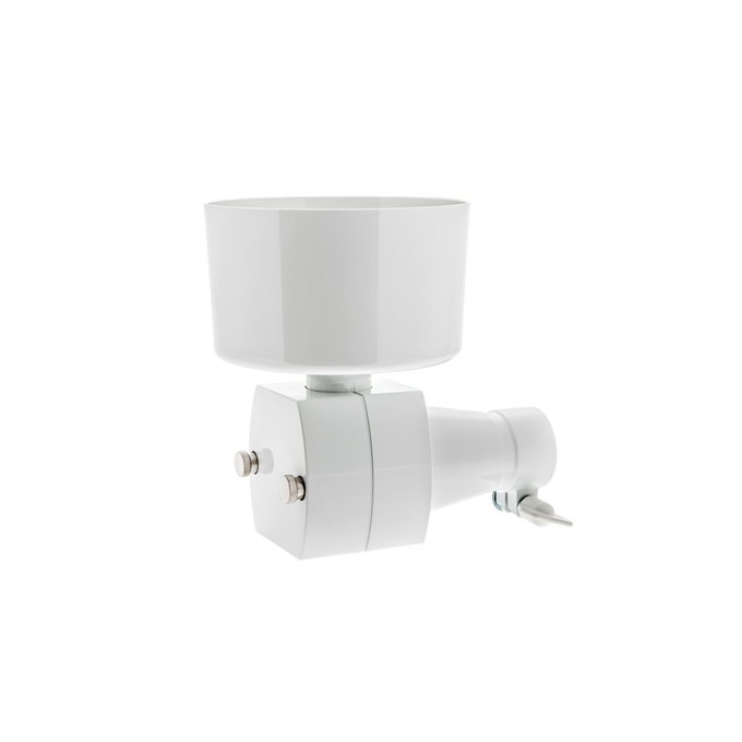 White grain flake mill attachment designed for stand mixers, made for kitchen and baking supplies, ideal for fresh-rolled grains in cooking and baking helpers collections.