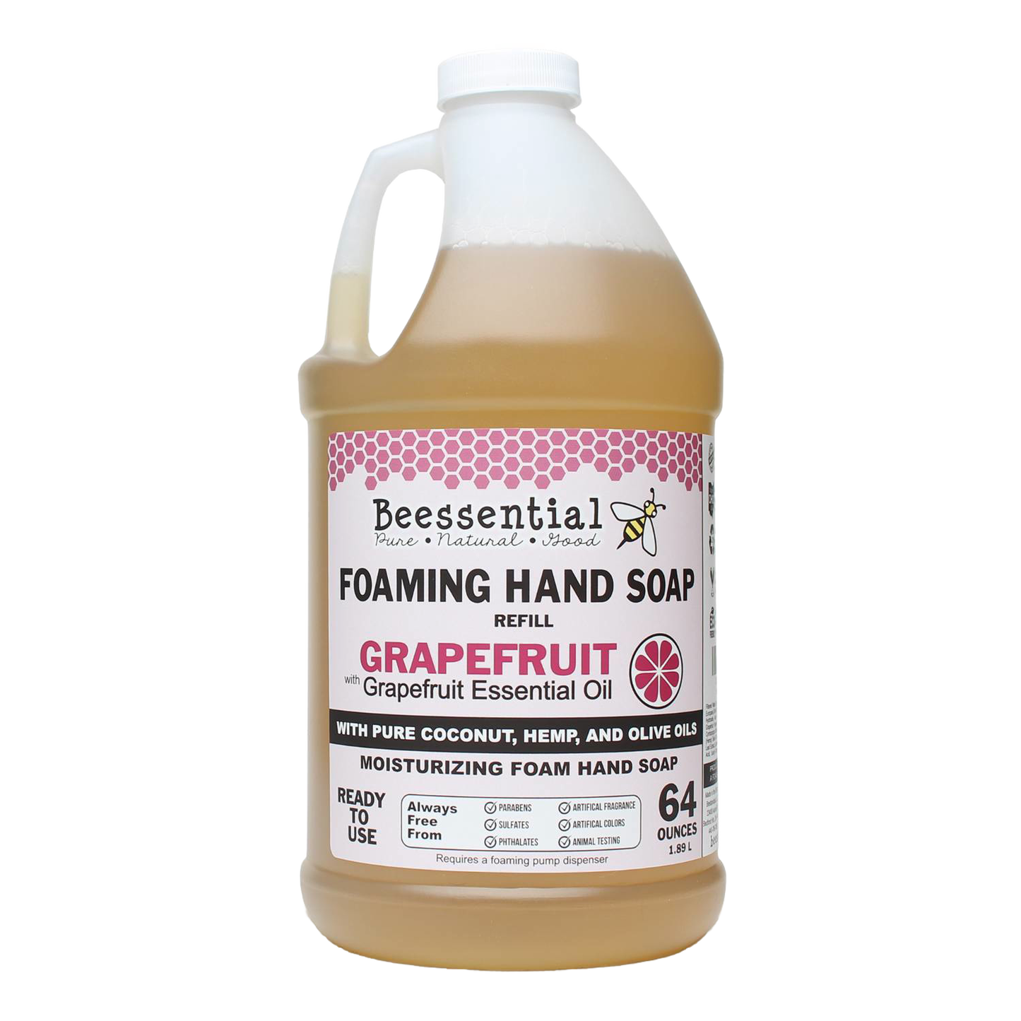 Handcrafted foaming hand soap refill in a large light amber bottle, infused with grapefruit essential oil and natural coconut, hemp, and olive oils, featured in Health & Wellness, Grooming and Personal Hygiene, Soaps and Soapmaking, Soaps, USA Made, Best Sellers, and Promo Eligible collections.
