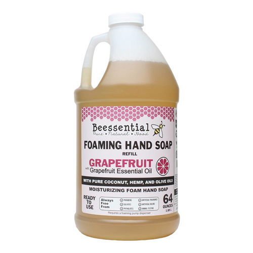 Handcrafted foaming hand soap refill in a large light amber bottle, infused with grapefruit essential oil and natural coconut, hemp, and olive oils, featured in Health & Wellness, Grooming and Personal Hygiene, Soaps and Soapmaking, Soaps, USA Made, Best Sellers, and Promo Eligible collections.