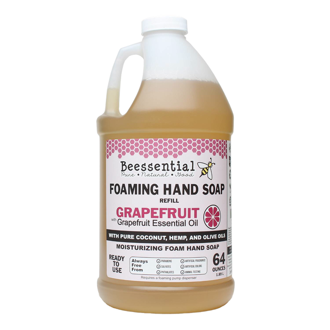 Handcrafted foaming hand soap refill in a large light amber bottle, infused with grapefruit essential oil and natural coconut, hemp, and olive oils, featured in Health & Wellness, Grooming and Personal Hygiene, Soaps and Soapmaking, Soaps, USA Made, Best Sellers, and Promo Eligible collections.