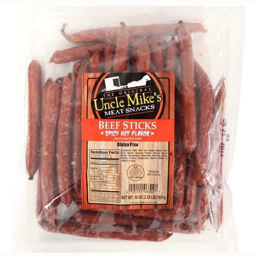 Clear resealable bag of handcrafted spicy hot beef sticks made in USA, perfect for Kitchen & Food, Snacks and Sweets, Meats, Holiday Hosting, USA Made, Best Sellers, and Promo Eligible collections.