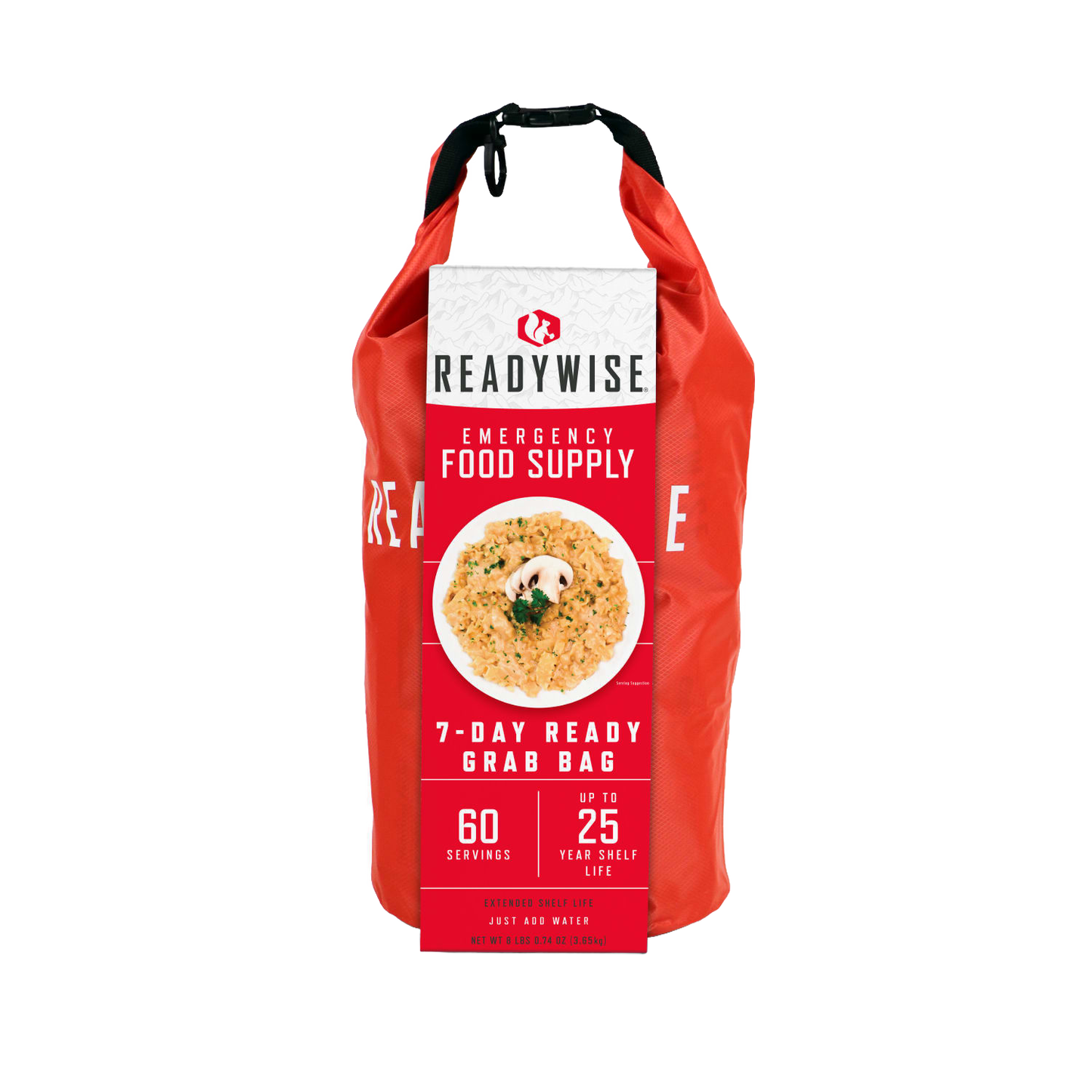 Red and white durable grab bag containing a 7-day emergency food supply with 60 servings and up to 25 years of shelf life, suitable for pantry, kitchen, and emergency supplies collections.