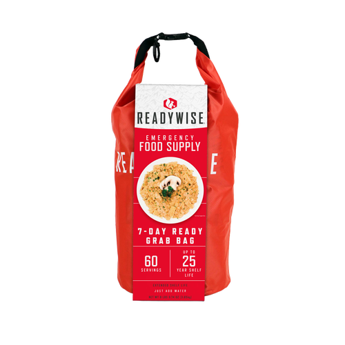 Red and white durable grab bag containing a 7-day emergency food supply with 60 servings and up to 25 years of shelf life, suitable for pantry, kitchen, and emergency supplies collections.