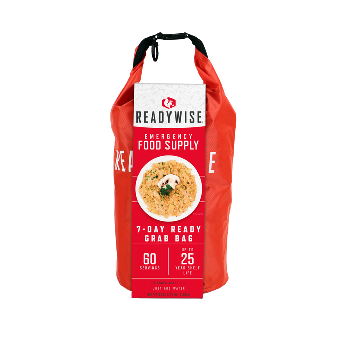 Red and white durable grab bag containing a 7-day emergency food supply with 60 servings and up to 25 years of shelf life, suitable for pantry, kitchen, and emergency supplies collections.