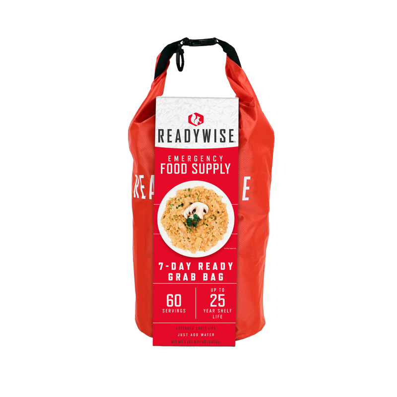 Red and white durable grab bag containing a 7-day emergency food supply with 60 servings and up to 25 years of shelf life, suitable for pantry, kitchen, and emergency supplies collections.