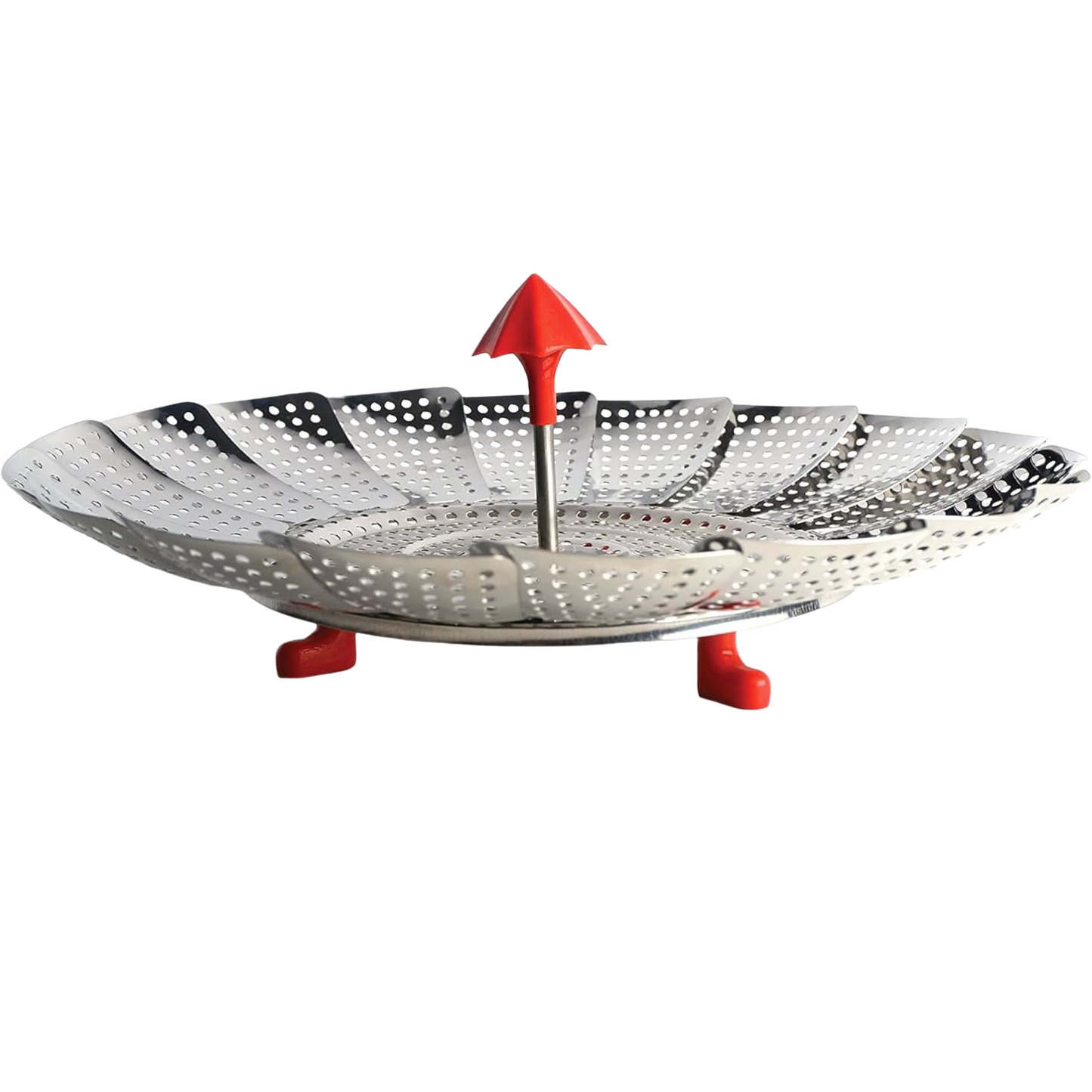 Expandable stainless steel umbrella-style vegetable steamer basket with red handle and feet, designed for healthy steaming, featured in Kitchen & Food, Cookware, and Kitchen Gadgets collections.