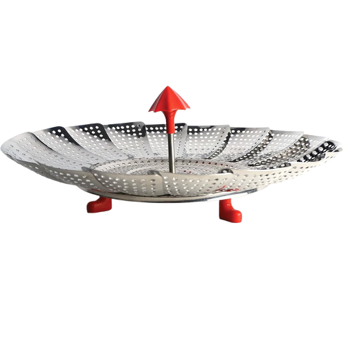 Expandable stainless steel umbrella-style vegetable steamer basket with red handle and feet, designed for healthy steaming, featured in Kitchen & Food, Cookware, and Kitchen Gadgets collections.