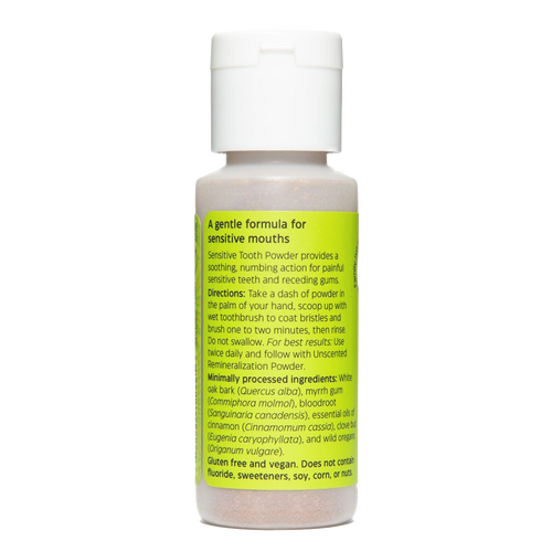 Small plastic bottle of Uncle Harry's handcrafted tooth powder for sensitive mouths with bright green label detailing gentle, mint-free formula and natural ingredients, featured in Health & Wellness, Grooming and Personal Hygiene, USA Made, and Best Sellers collections.
