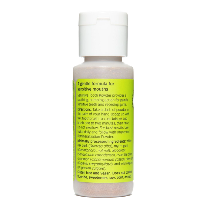 Small plastic bottle of Uncle Harry's handcrafted tooth powder for sensitive mouths with bright green label detailing gentle, mint-free formula and natural ingredients, featured in Health & Wellness, Grooming and Personal Hygiene, USA Made, and Best Sellers collections.