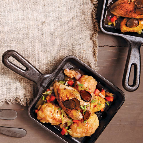 Handcrafted 5-inch square cast iron skillet made in USA, shown with cooked chicken and vegetables, ideal for Camping, Kitchen & Food, Cast Iron, and Cookware collections.