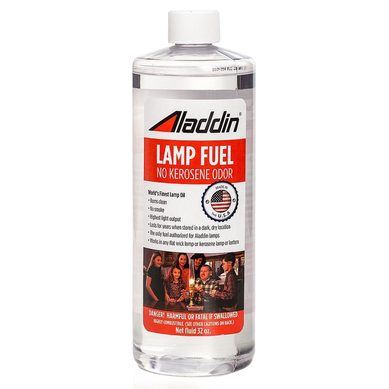 Clear 32 oz bottle of high-purity lamp fuel designed to burn cleanly with no kerosene odor, authorized for Aladdin lamps, featured in Lamps & Lighting, Parts and Accessories, Best Sellers, and Promo Eligible collections.