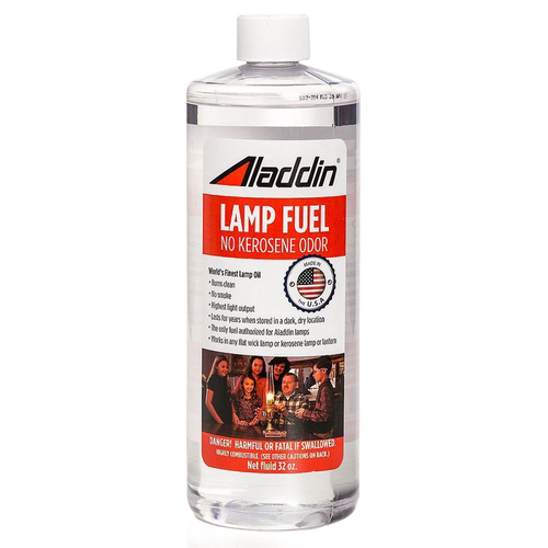 Clear 32 oz bottle of high-purity lamp fuel designed to burn cleanly with no kerosene odor, authorized for Aladdin lamps, featured in Lamps & Lighting, Parts and Accessories, Best Sellers, and Promo Eligible collections.