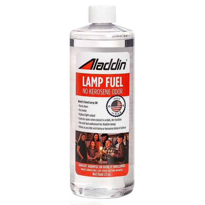 Clear 32 oz bottle of high-purity lamp fuel designed to burn cleanly with no kerosene odor, authorized for Aladdin lamps, featured in Lamps & Lighting, Parts and Accessories, Best Sellers, and Promo Eligible collections.