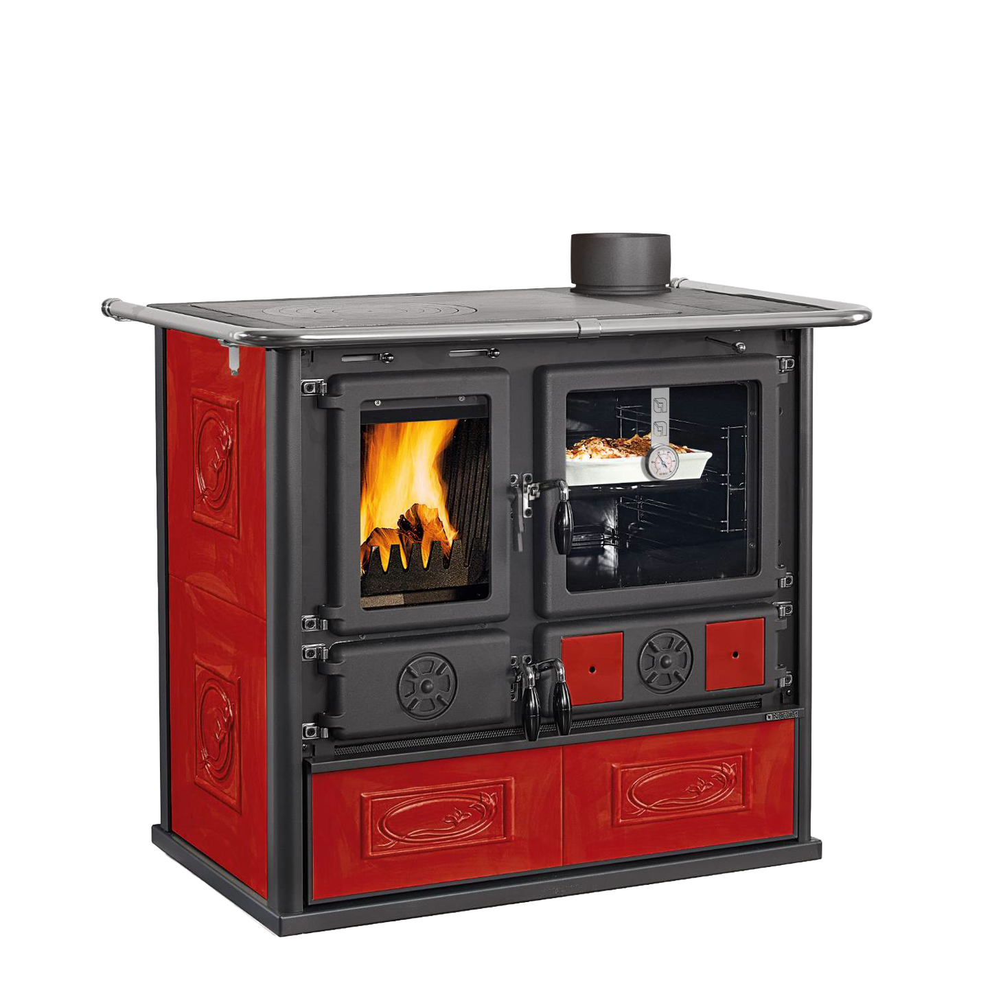 Wood-burning cook stove with cast iron firebox, panoramic ceramic glass fire door, porcelain enameled steel oven with cooking thermometer, and red majolica exterior, ideal for Stoves, Cookstoves, Best Sellers, and All Stoves & Appliances collections.