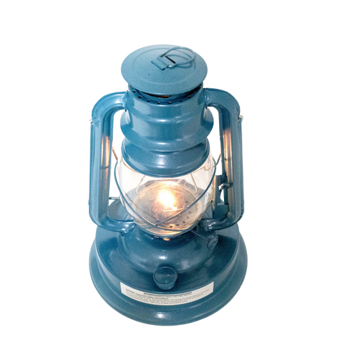 Blue metal oil lantern with glass globe, lit flame inside, designed for outdoor use in camping, garden, and emergency situations, part of Farm, Garden & Tool and Camping collections.