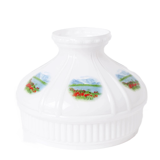 White glass lamp shade featuring pastoral alpine meadow scenes with mountains and red flowers, designed for oil lamps in Lamps & Lighting and Parts and Accessories collections.