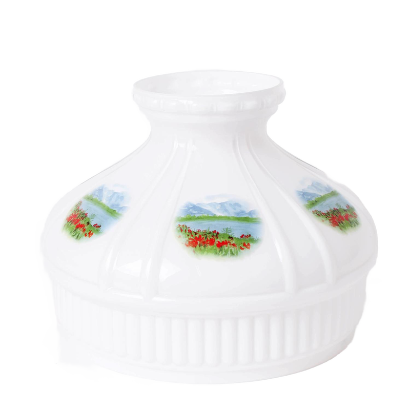 White glass lamp shade featuring pastoral alpine meadow scenes with mountains and red flowers, designed for oil lamps in Lamps & Lighting and Parts and Accessories collections.