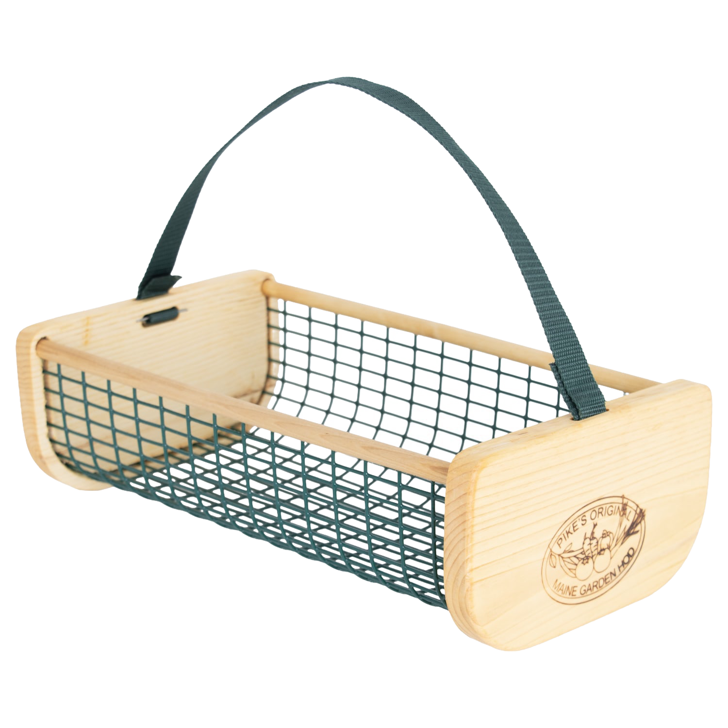 Handcrafted Maine Garden Hod with solid wooden ends featuring engraved logo, green wire mesh body, and sturdy black strap handle, part of Farm, Garden & Tool, Garden Accessories, USA Made, Best Sellers, and Promo Eligible collections.