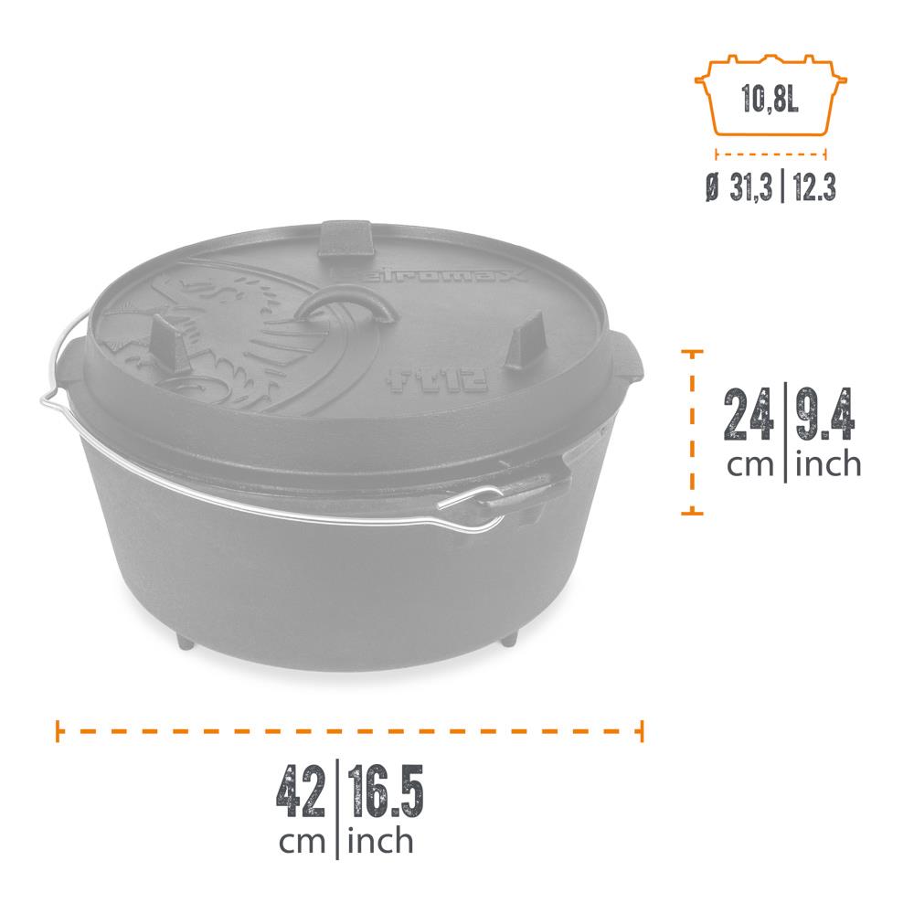 Cast iron Dutch oven with three legs and a detailed embossed lid, featuring a durable wire bail handle, ideal for Kitchen & Food, Cookware, Cast Iron, Best Sellers, and Promo Eligible collections.