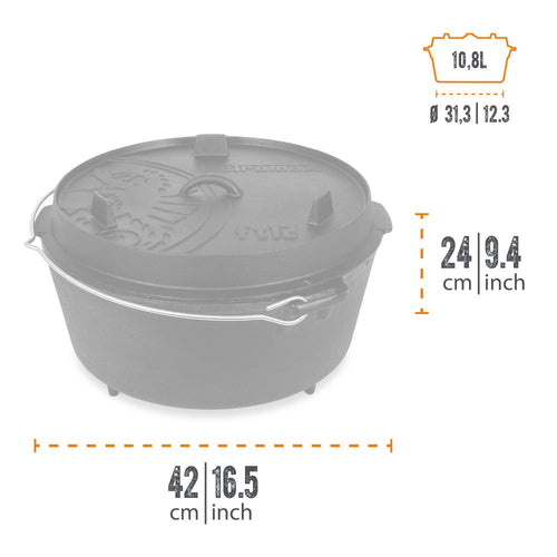 Cast iron Dutch oven with three legs and a detailed embossed lid, featuring a durable wire bail handle, ideal for Kitchen & Food, Cookware, Cast Iron, Best Sellers, and Promo Eligible collections.