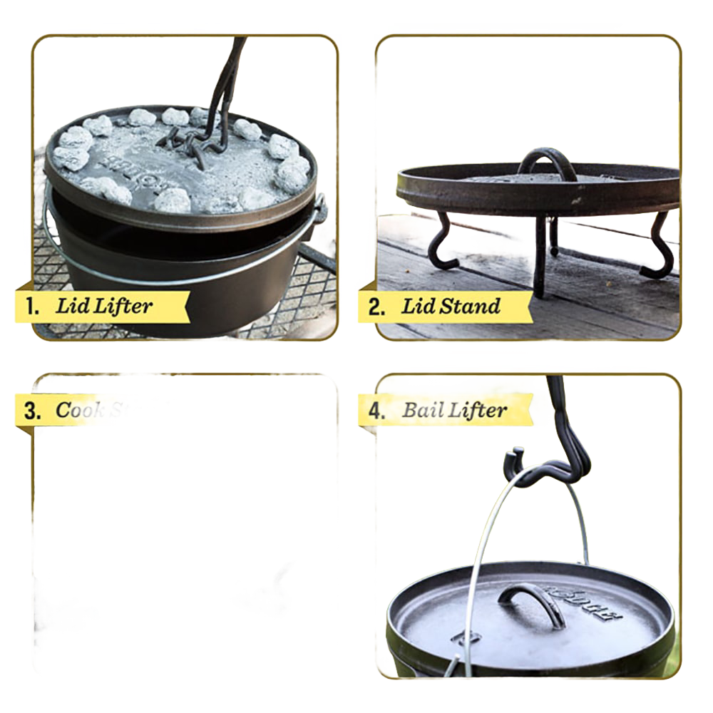 Multifunctional handcrafted camp tool serving as a lid lifter, trivet stand, cooking surface extender, and bail lifter, ideal for Farm, Garden & Tool, Camping, Cast Iron, and Best Sellers collections.