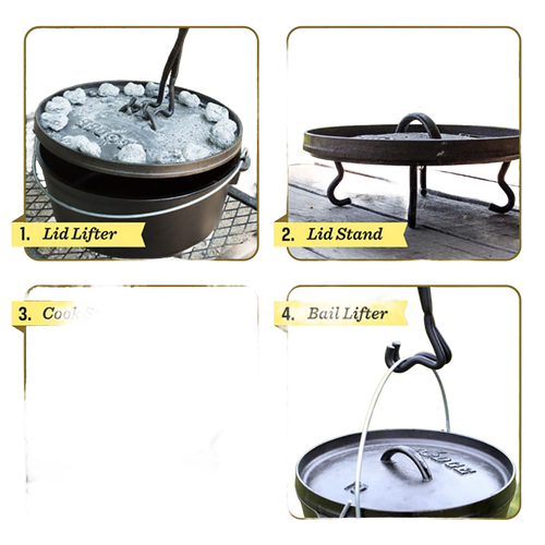 Multifunctional handcrafted camp tool serving as a lid lifter, trivet stand, cooking surface extender, and bail lifter, ideal for Farm, Garden & Tool, Camping, Cast Iron, and Best Sellers collections.