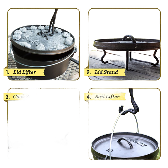 Multifunctional handcrafted camp tool serving as a lid lifter, trivet stand, cooking surface extender, and bail lifter, ideal for Farm, Garden & Tool, Camping, Cast Iron, and Best Sellers collections.