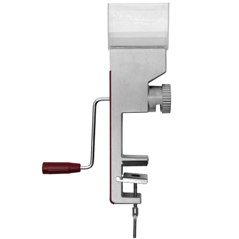 Compact grain mill with adjustable grind dial and stainless steel burrs, featuring a hand crank with wooden handle and clamp mount, ideal for Kitchen & Food and Bread Making Supplies collections.