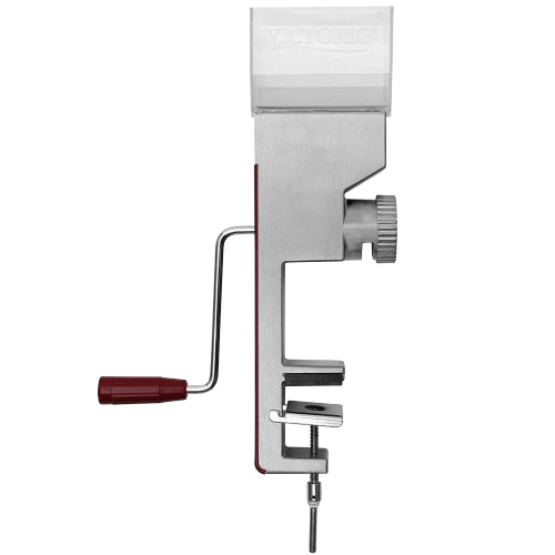 Compact grain mill with adjustable grind dial and stainless steel burrs, featuring a hand crank with wooden handle and clamp mount, ideal for Kitchen & Food and Bread Making Supplies collections.