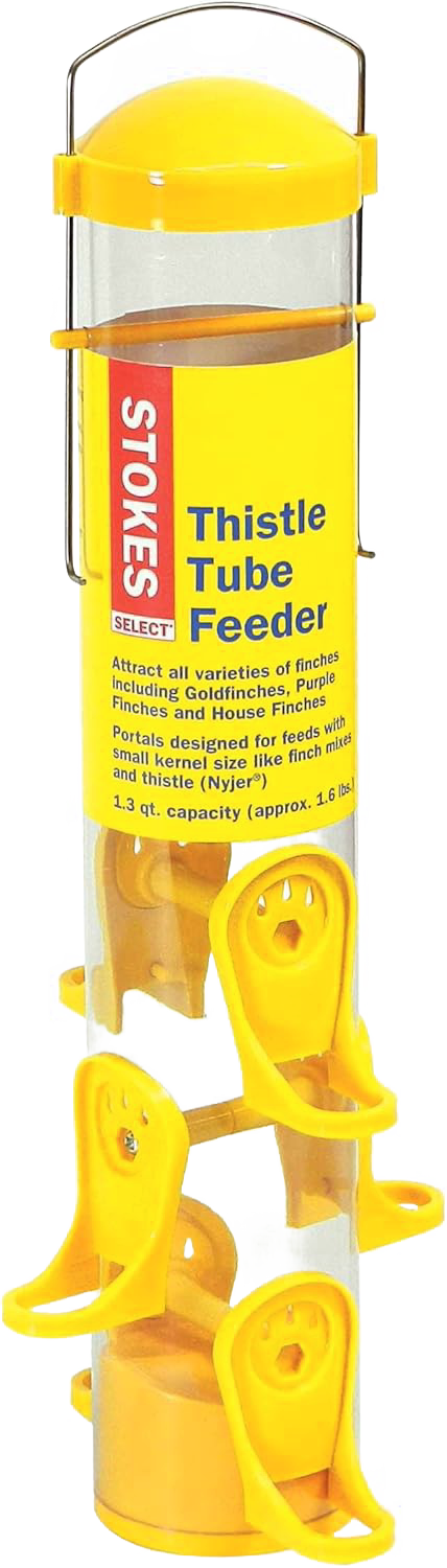Yellow poly tube finch feeder with three molded perches and six feeding ports, designed to keep nyjer seed clean and dry, ideal for farm, garden, and animal care use.
