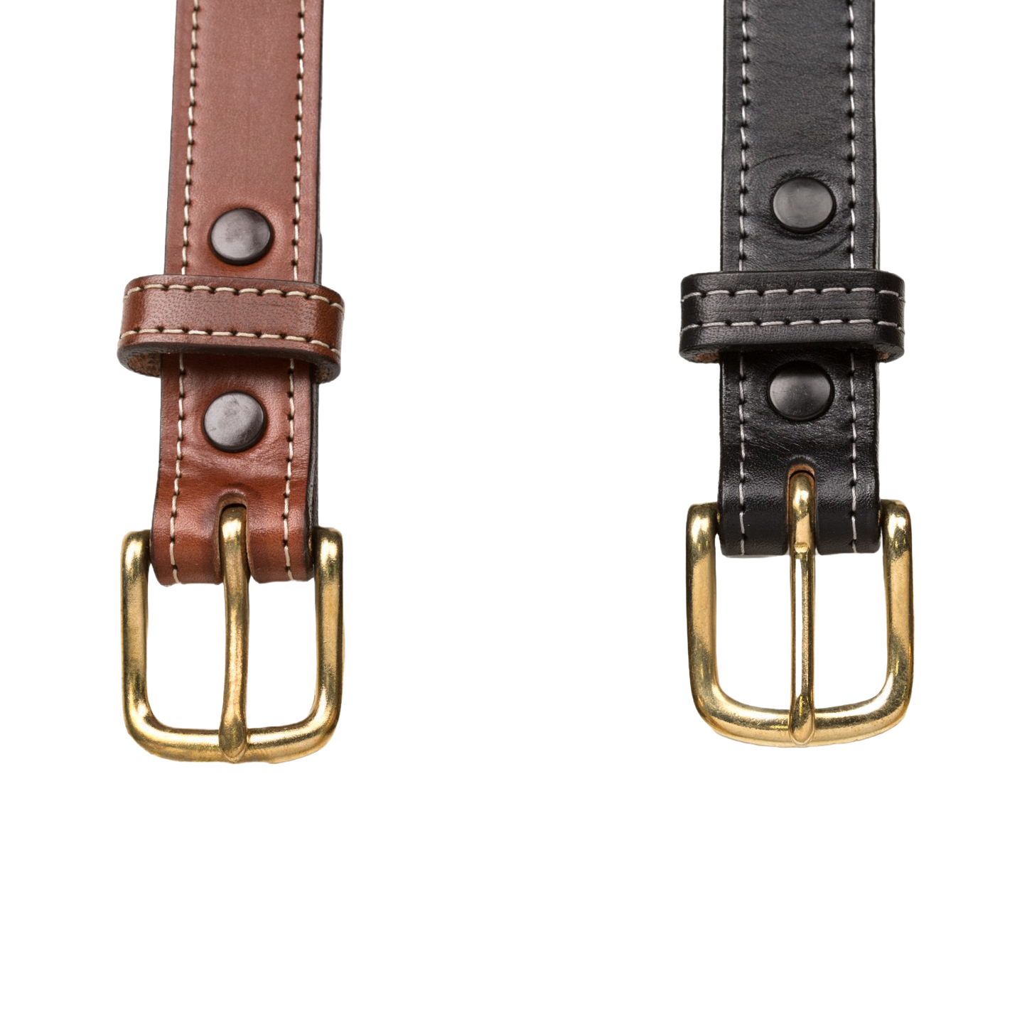 Pair of handcrafted Amish made 1-inch wide dressy leather belts in genuine English bridle leather, one in rich brown and one in black, each with fine stitching and polished brass buckle, featured in USA Made, Clothing and Accessories, Health & Wellness, Amish Made, Best Sellers, and Promo Eligible collections.