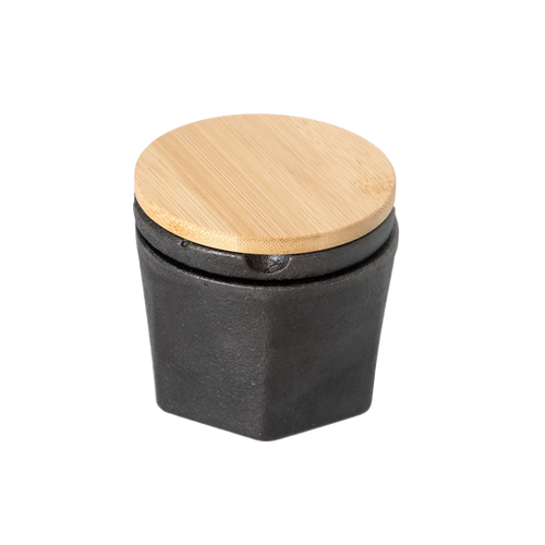 Three-piece cast iron spice grinder set with bamboo lid and silicone gasket, designed for kitchen use, included in Kitchen & Food, Kitchen Gadgets, and Best Sellers collections.