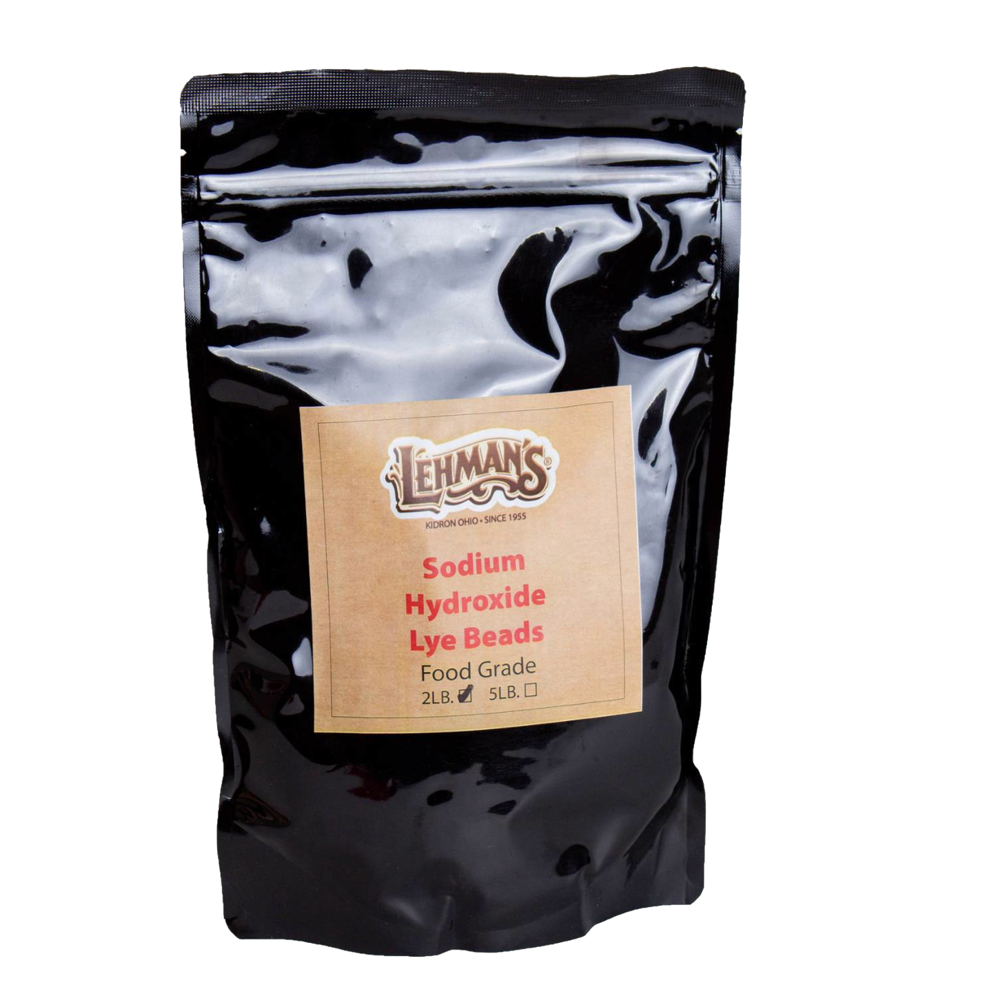 Resealable black pouch of food-grade sodium hydroxide lye beads in 2-lb size, featured in Health & Wellness, Soaps and Soapmaking, Soapmaking Supplies, USA Made, and Best Sellers collections.