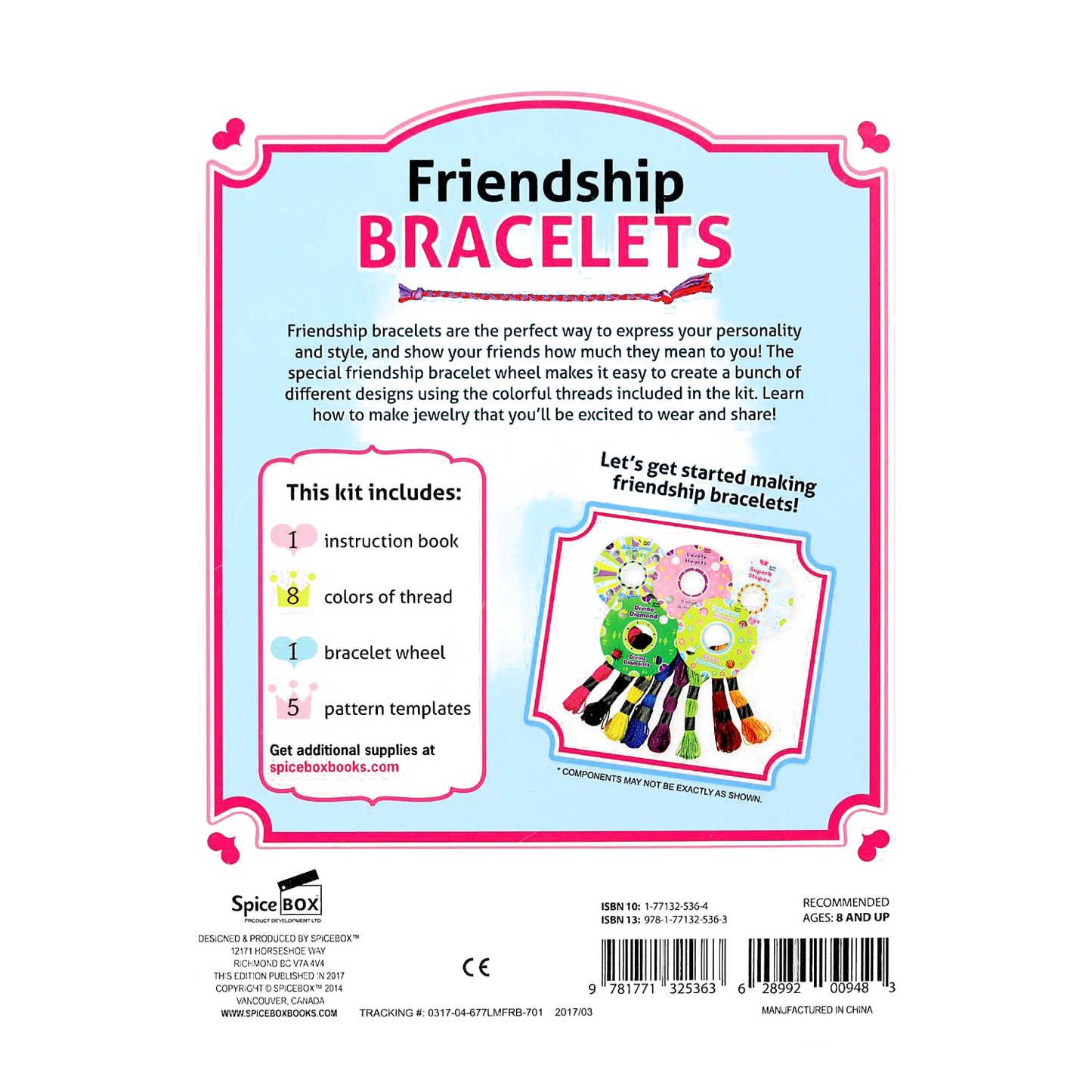 Back packaging of a colorful bracelet-making kit showing instructions, included materials, and images of friendship bracelet wheels with multicolored threads, part of Toys, Books & Games and Arts and Crafts collections.