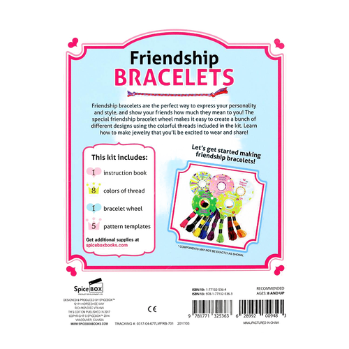Back packaging of a colorful bracelet-making kit showing instructions, included materials, and images of friendship bracelet wheels with multicolored threads, part of Toys, Books & Games and Arts and Crafts collections.