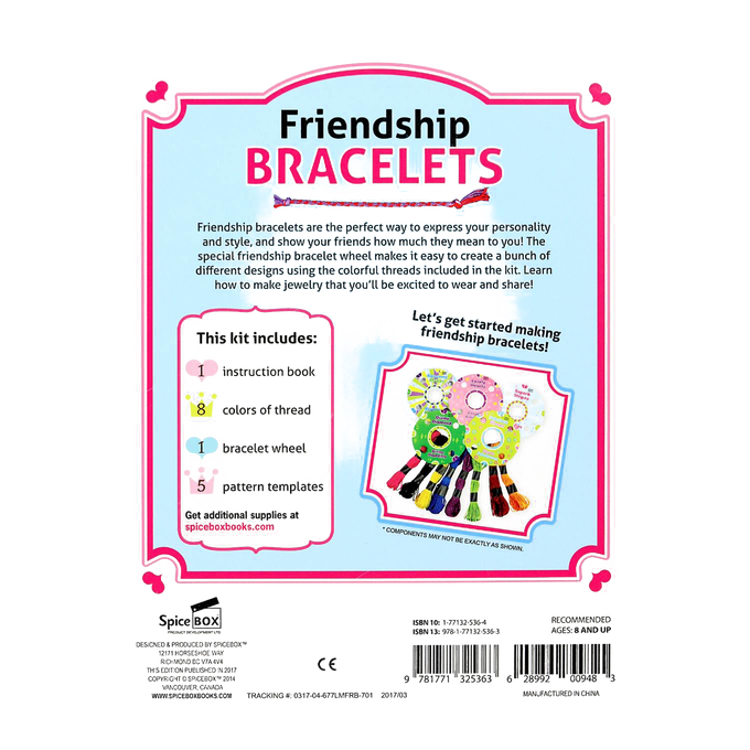 Back packaging of a colorful bracelet-making kit showing instructions, included materials, and images of friendship bracelet wheels with multicolored threads, part of Toys, Books & Games and Arts and Crafts collections.
