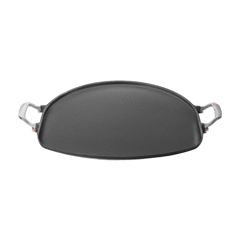 Handcrafted cast iron pizza pan with stainless steel handles featuring a hanging groove, designed for quick, even heating and natural non-stick cooking, part of Kitchen & Food, Cookware, Cast Iron, and Best Sellers collections.
