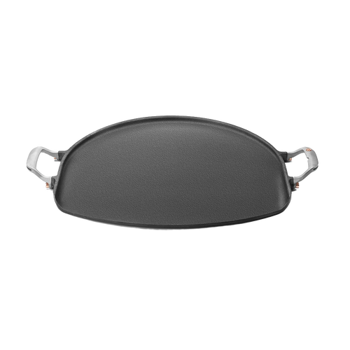 Handcrafted cast iron pizza pan with stainless steel handles featuring a hanging groove, designed for quick, even heating and natural non-stick cooking, part of Kitchen & Food, Cookware, Cast Iron, and Best Sellers collections.