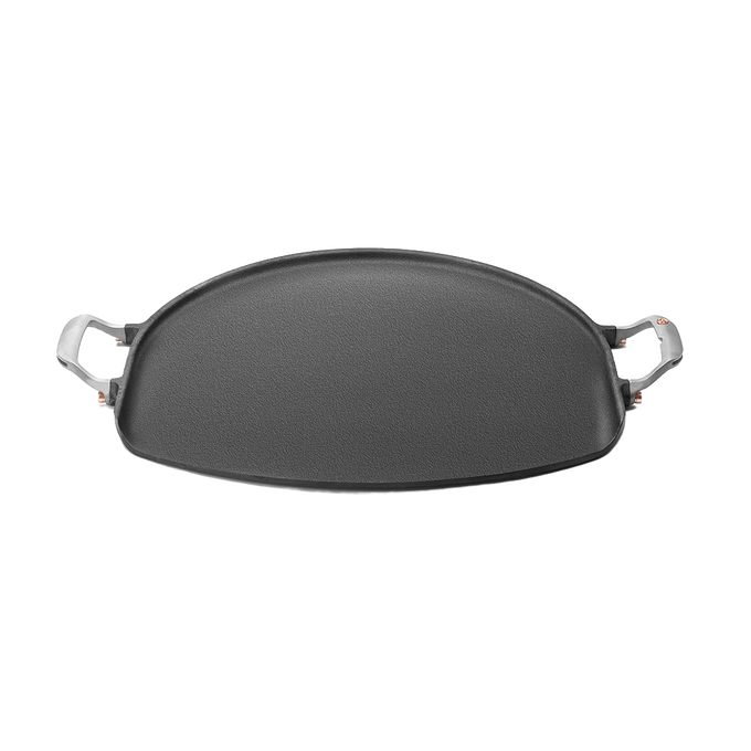Handcrafted cast iron pizza pan with stainless steel handles featuring a hanging groove, designed for quick, even heating and natural non-stick cooking, part of Kitchen & Food, Cookware, Cast Iron, and Best Sellers collections.