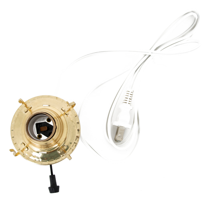 Brass plated electrified burner with removable screw-on collar and threaded 1-3/16" base, features high-quality UL listed 6 ft. white cord, suitable for Lamps & Lighting and Electric Conversion collections.