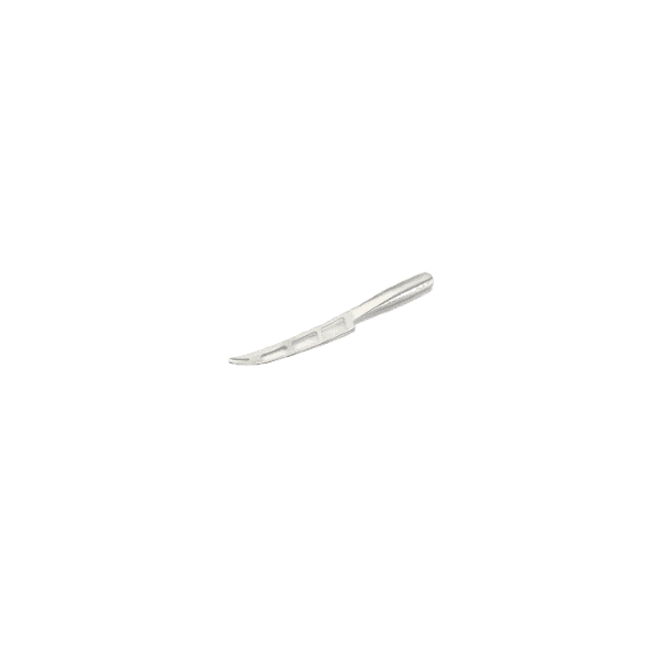 Lightweight stainless steel soft cheese knife with vented thin blade and forked tip, ideal for slicing brie, goat cheese, and mozzarella in Kitchen & Food and Food Prep collections.