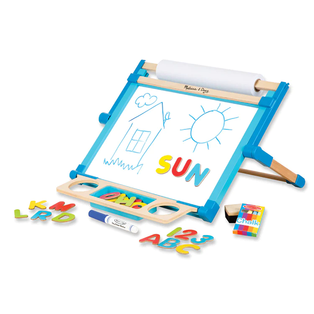 Handcrafted double-sided tabletop easel with magnetic dry-erase board featuring colorful alphabet magnets, chalk, marker, and paper roll, ideal for children's arts and crafts in Toys, Books & Games and Promo Eligible collections.