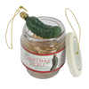 Glass jar ornament set featuring a green pickle decoration with gold hanging strings, designed for festive holiday decor and popular as a unique Christmas tradition gift.