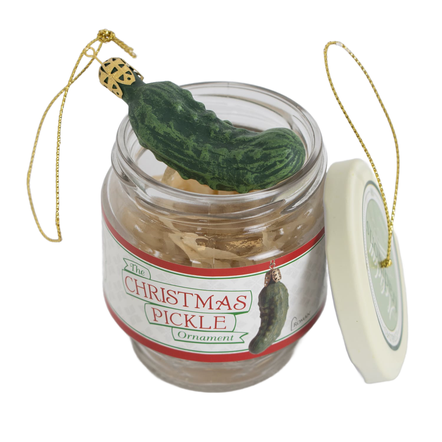 Glass jar ornament set featuring a green pickle decoration with gold hanging strings, designed for festive holiday decor and popular as a unique Christmas tradition gift.