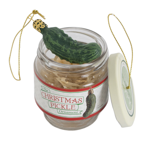 Glass jar ornament set featuring a green pickle decoration with gold hanging strings, designed for festive holiday decor and popular as a unique Christmas tradition gift.