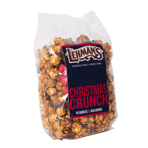 Clear bag of handcrafted caramel popcorn mixed with festive peppermint candies and chocolate pieces, labeled Christmas Crunch, ideal for Kitchen & Food, Snacks and Sweets, Popcorn, and Best Sellers collections.