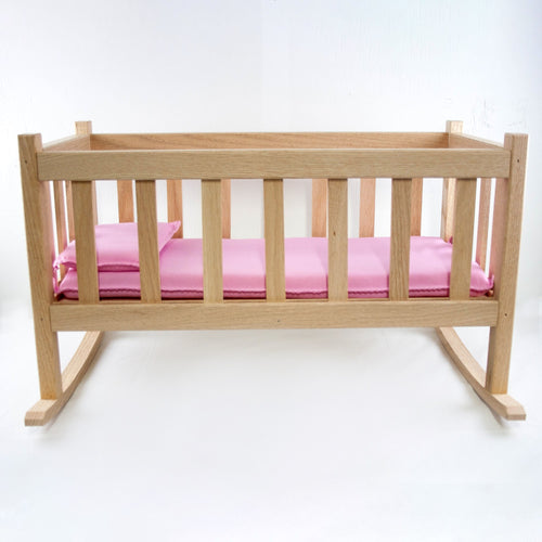 Amish made handcrafted wooden doll cradle with pink miniature mattress and pillow, ideal for children's toys, dolls and doll accessories, and best sellers collections.