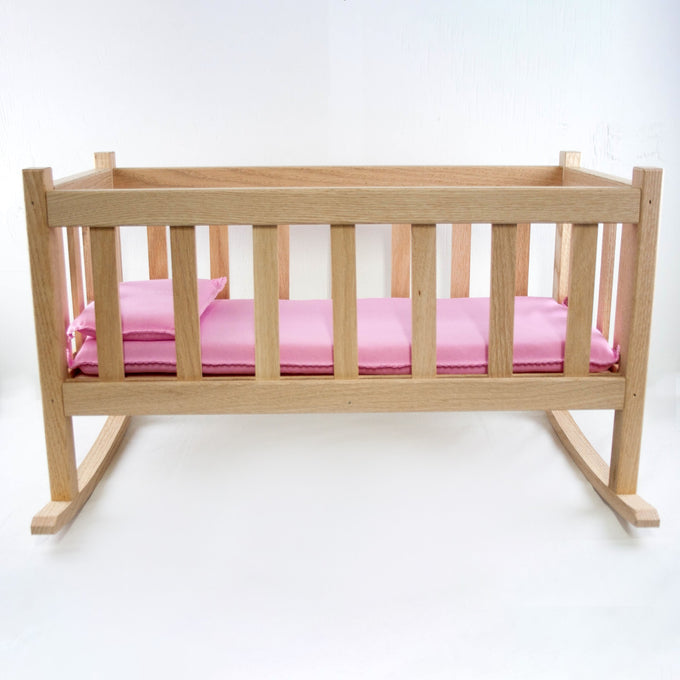 Amish made handcrafted wooden doll cradle with pink miniature mattress and pillow, ideal for children's toys, dolls and doll accessories, and best sellers collections.