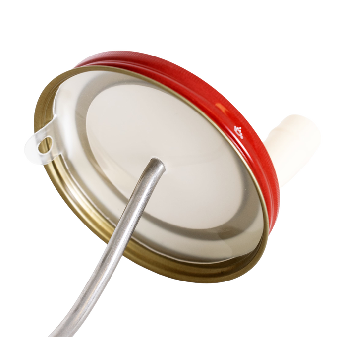Red metal lid with attached crank and molded cream-colored plastic knob designed for mixing natural peanut butter, handcrafted in USA, ideal for Kitchen & Food, Food Prep, and Kitchen Gadgets collections.