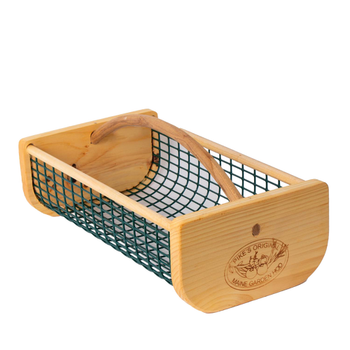Handcrafted Maine Garden Hod with smooth wooden ends and green wire mesh body, featuring a curved wooden handle and engraved logo, part of Farm, Garden & Tool, USA Made, and Best Sellers collections.